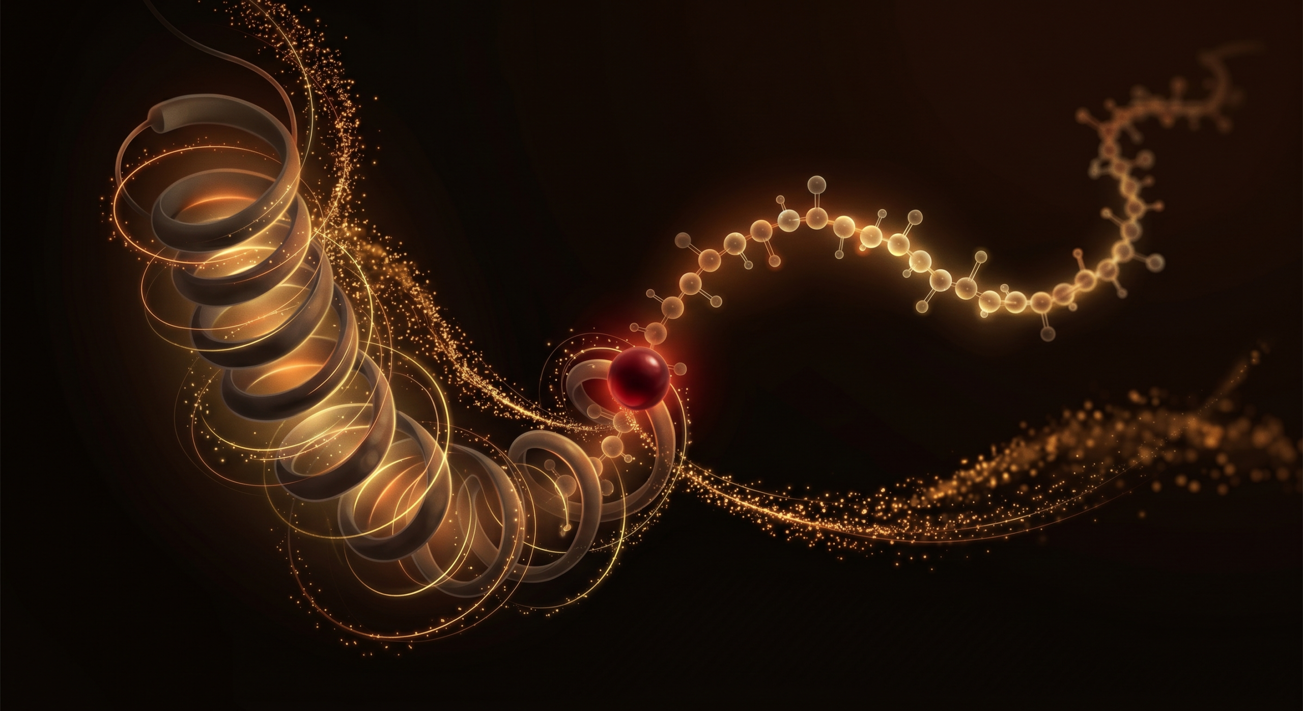 Abstract editorial illustration — a single peptide chain rendered in amber against a near-black field, with a larger oxblood residue at the center.