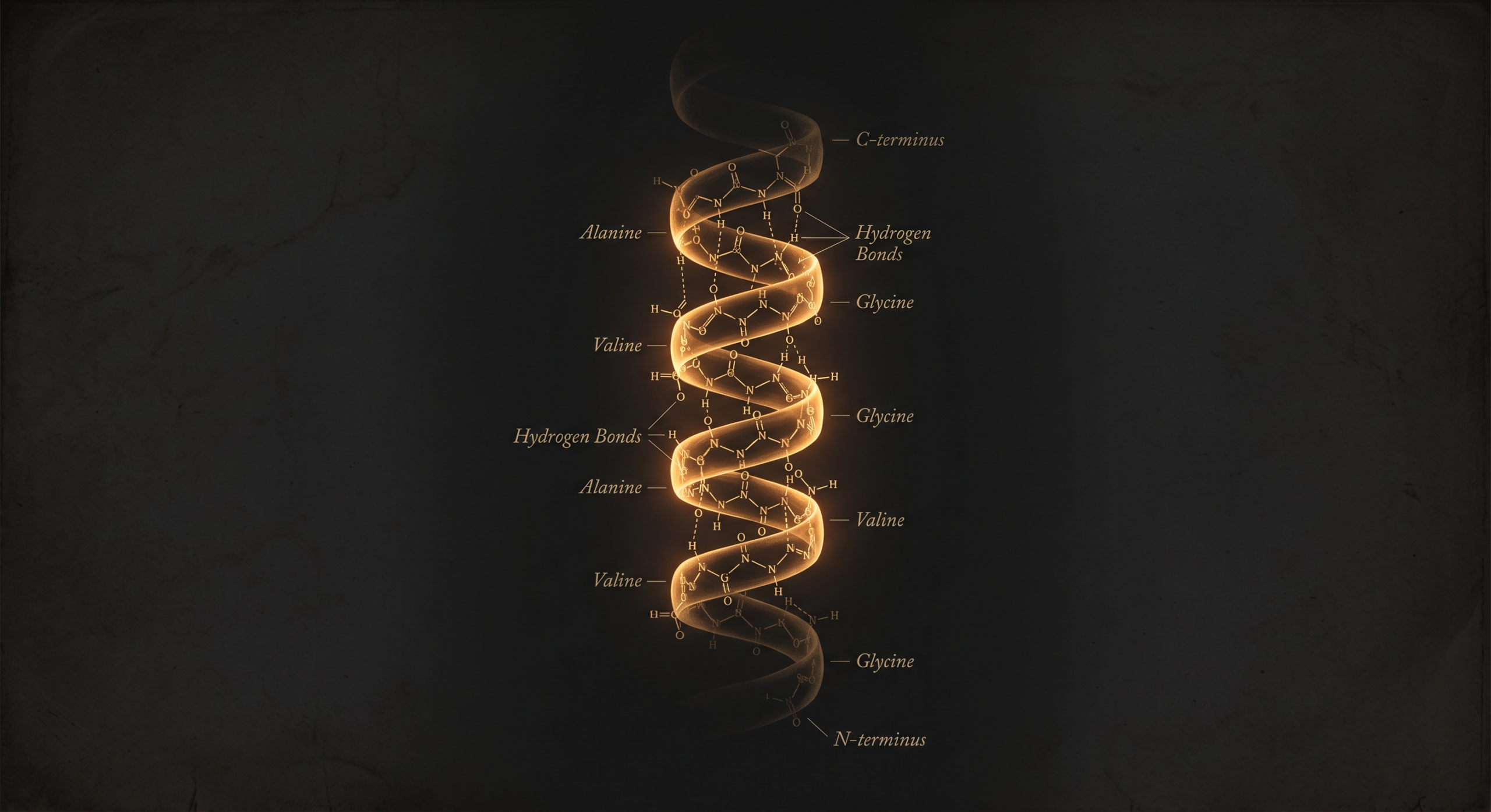 Luminous amber peptide helix structure with scientific annotations