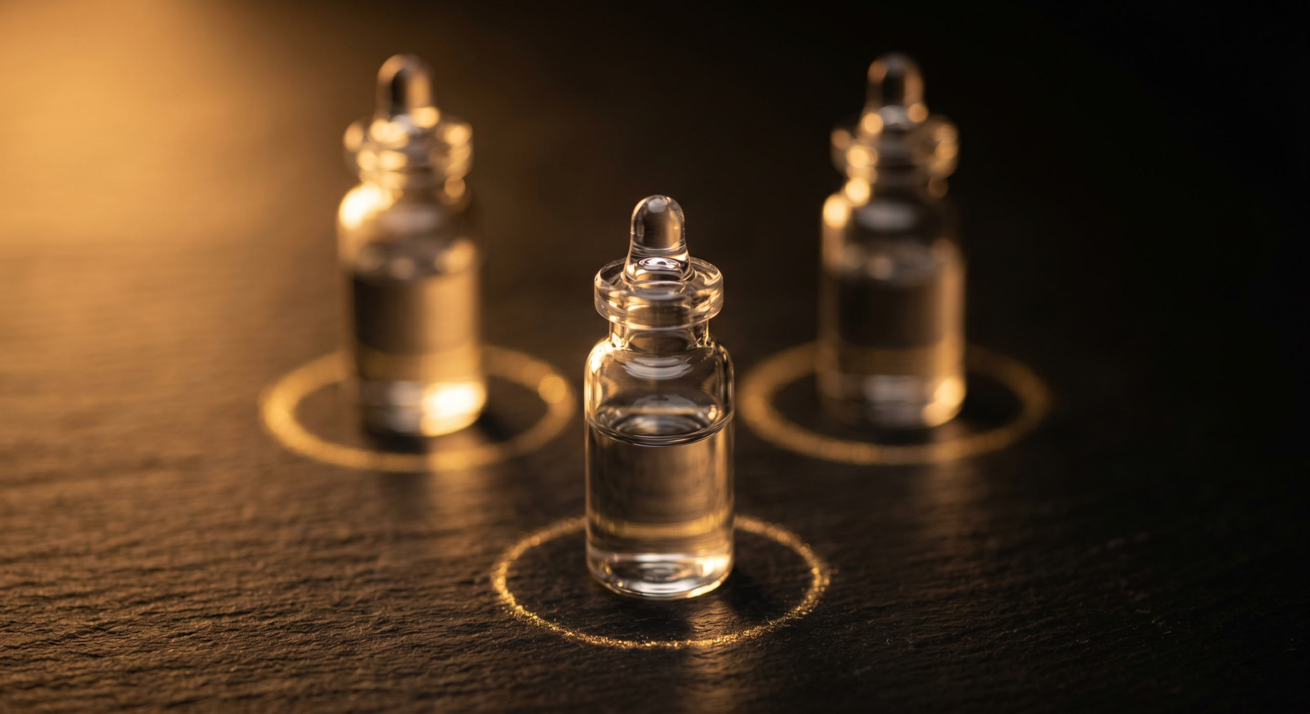 Three glass research peptide vials on dark slate with amber lighting
