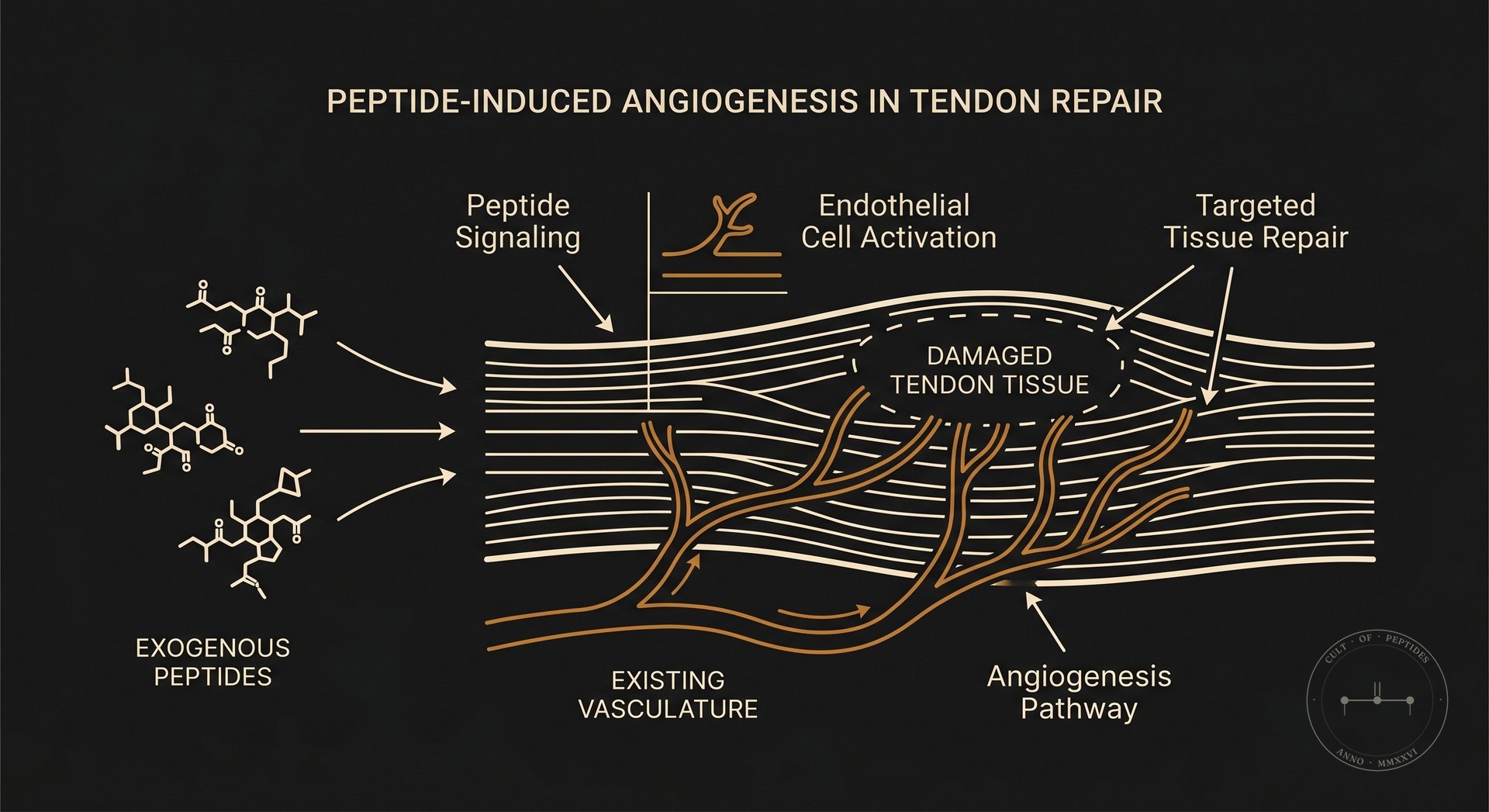 BPC-157 mechanism — angiogenesis pathway and growth hormone receptor interaction in tendon tissue
