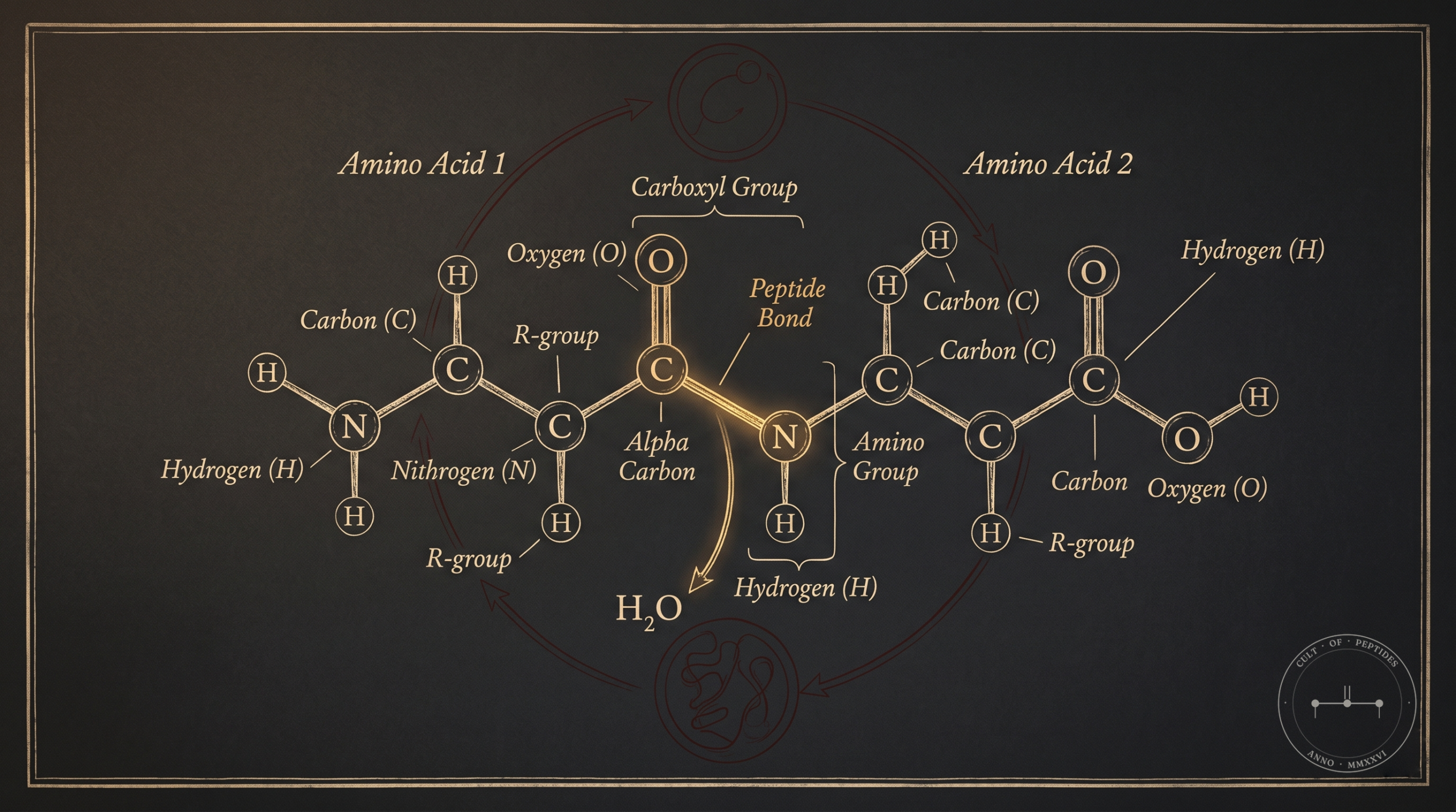 Archival-style anatomical diagram of peptide bond formation between amino acid structures