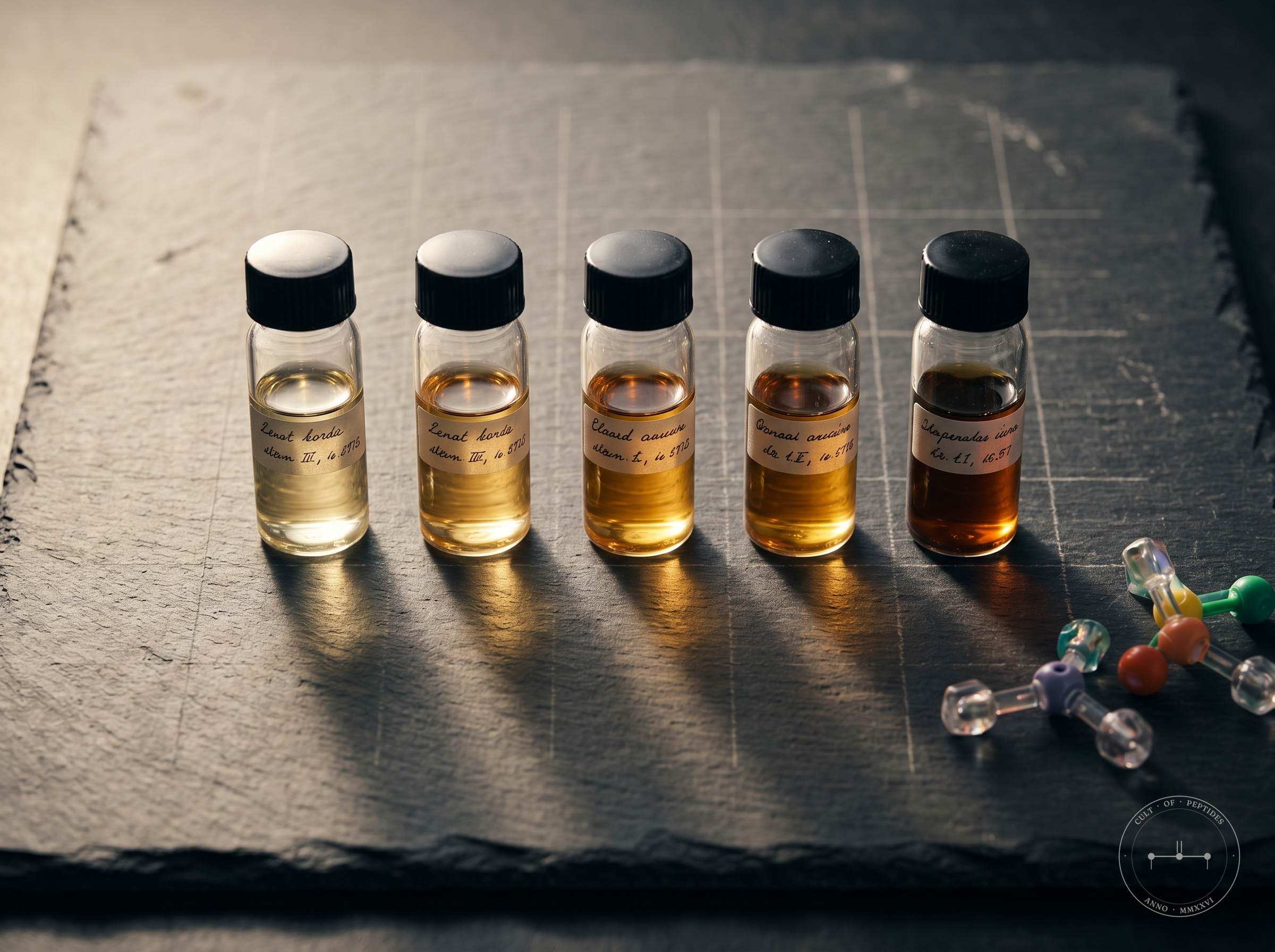 Row of amber-filled laboratory vials on dark slate surface in warm tungsten light