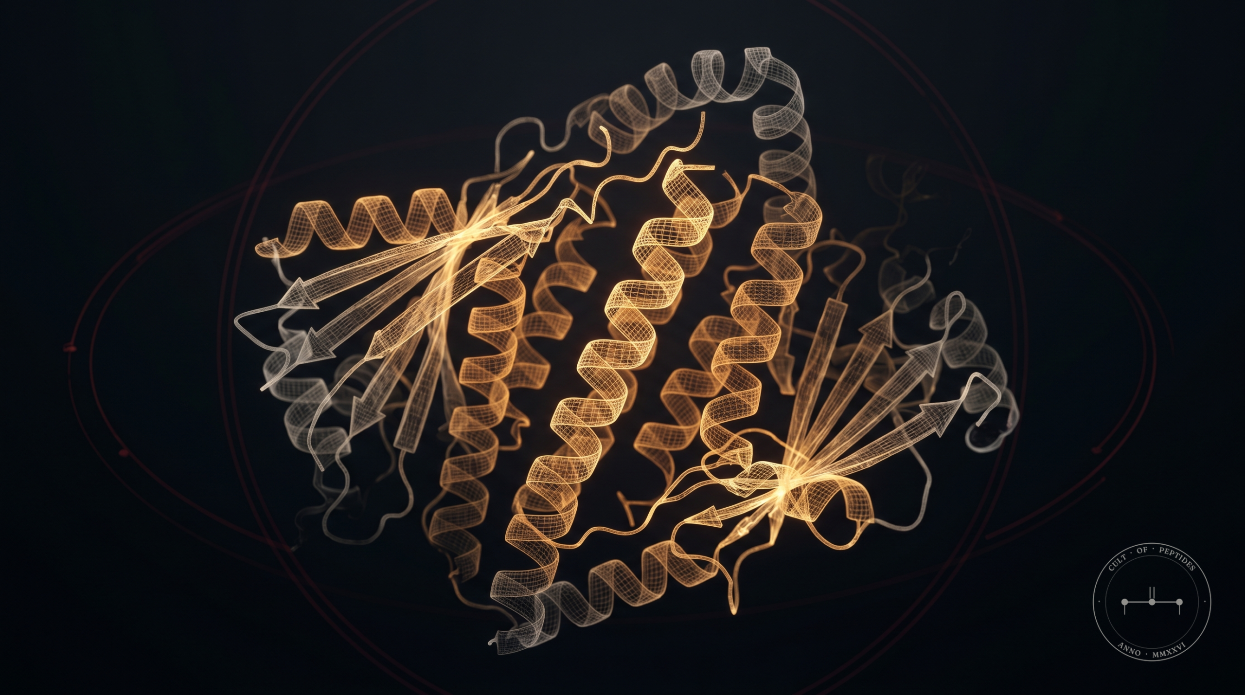 Complex interlocking protein helix structures glowing amber-gold against deep black void