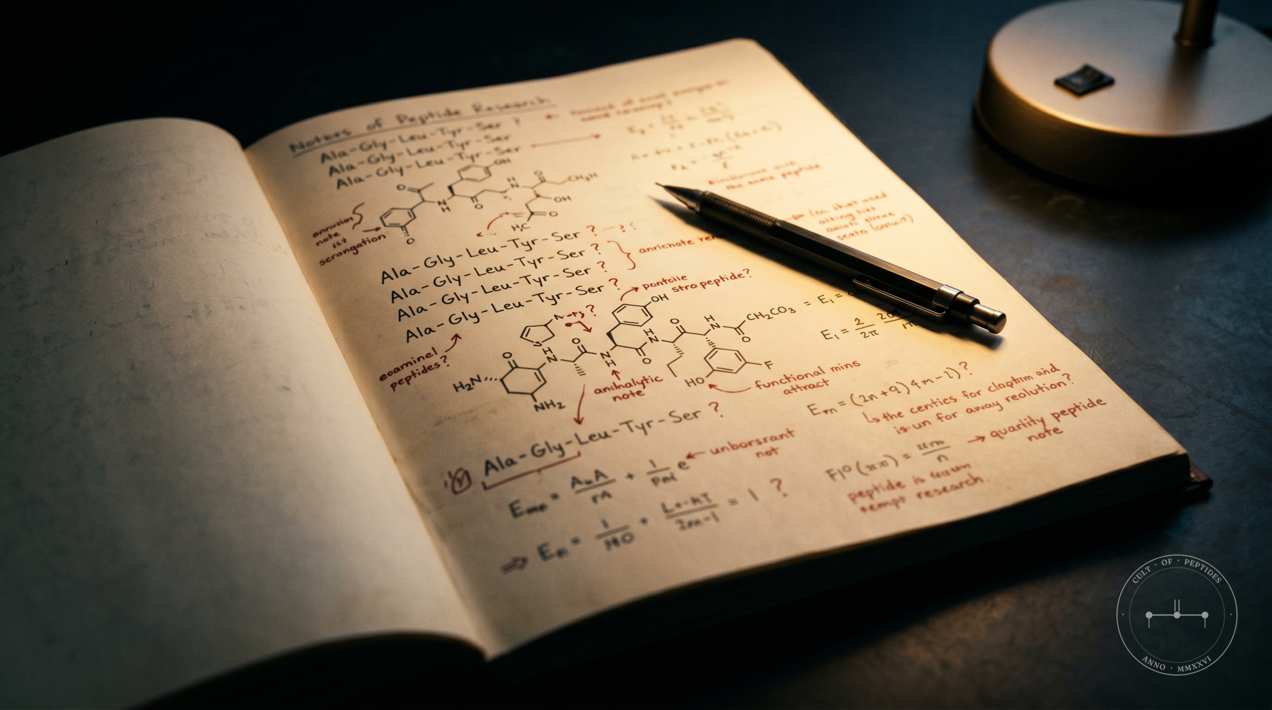 Open laboratory notebook with handwritten molecular diagrams illuminated by amber desk lamp