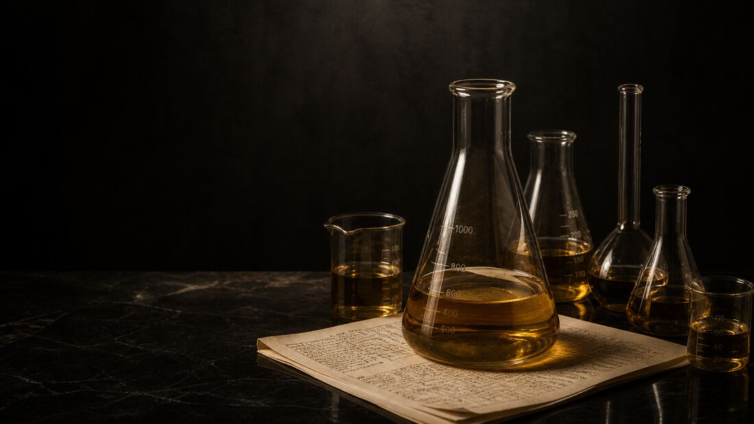Laboratory glassware with amber liquid and research documentation on dark surface