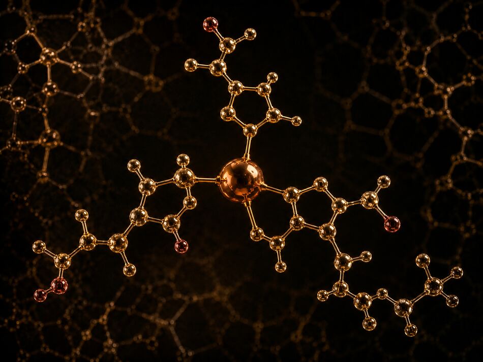 GHK-Cu copper peptide molecular complex visualized as amber-bronze scientific specimen