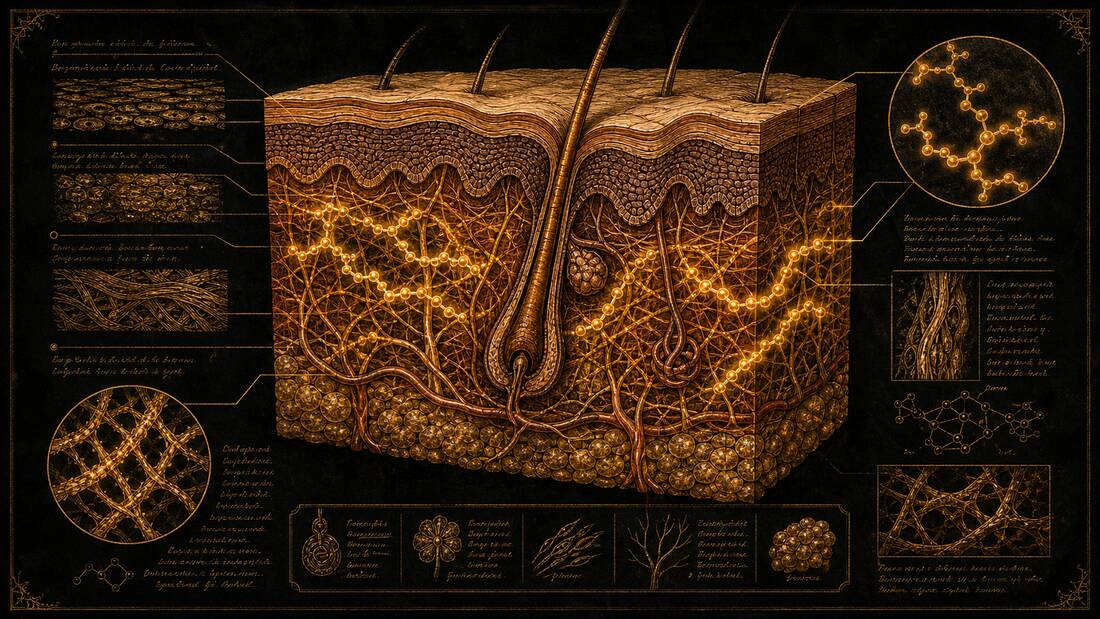 Anatomical cross-section illustration of skin layers with amber peptide chain structures