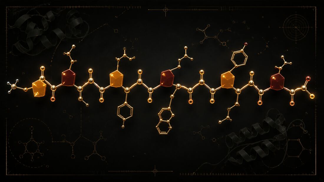 Scientific molecular diagram of peptide amino acid chain with amber luminescent bonds