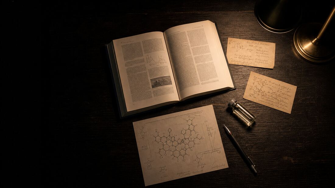 Researcher's desk with scientific journal, peptide vial, and molecular diagram in amber light