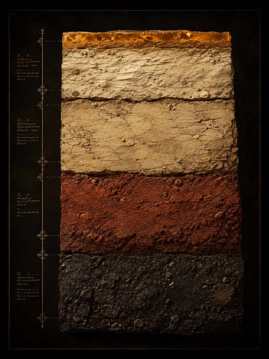 Stratified evidence hierarchy layers shown as a geological cross-section in warm earth tones