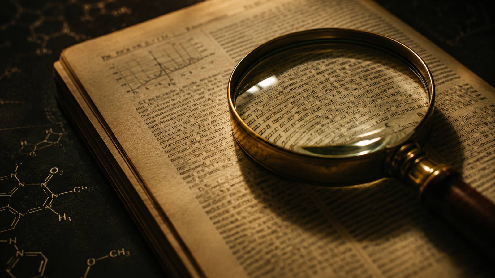 Macro close-up of scientific journal page under magnifying glass in amber light
